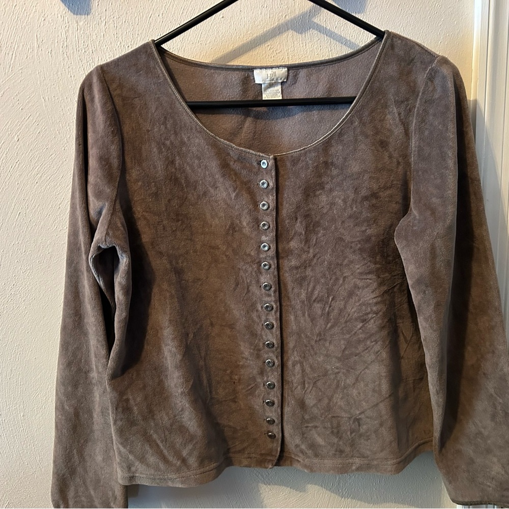 JJill Lt Brown Crushed Suede Button-Up Top, scoop round neck. SP Small Petite.